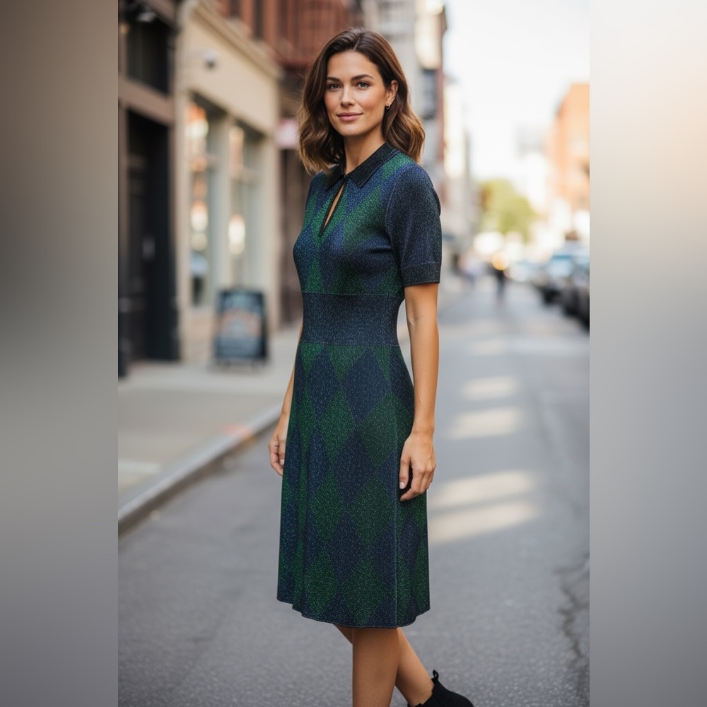 Prada Green and Blue Checkered Midi Dress